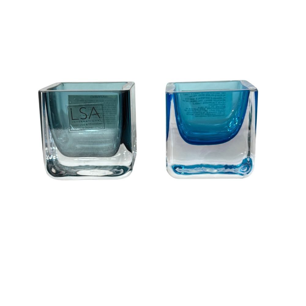 LSA International Votive Candle Holders Set 2 Blue Teal Square Glass Poland